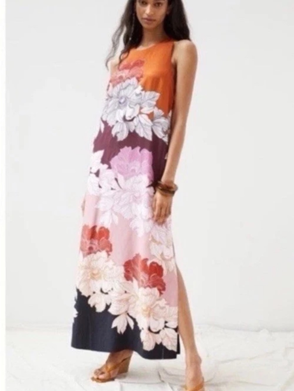 Maeve Orange Pink Floral Panel Maxi Dress